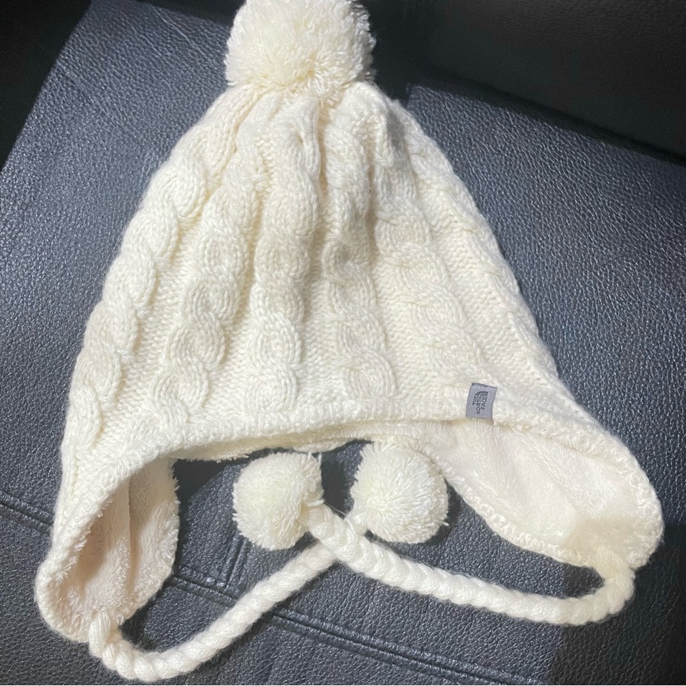 Northface oatmeal cream white ear flap warm fuzzy knit beanie hat pom pom